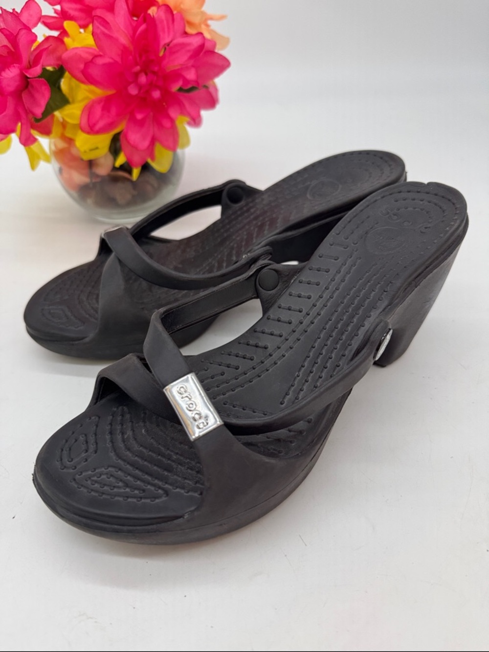 CROCS Black Wedge Slide Sandals with Silver Logo Accent Size 9 CR9854B